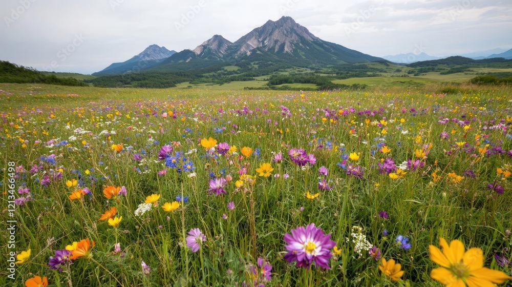 Fototapeta premium Colorful wildflowers bloom in a lush green meadow with majestic mountain peaks under a cloudy daytime sky.