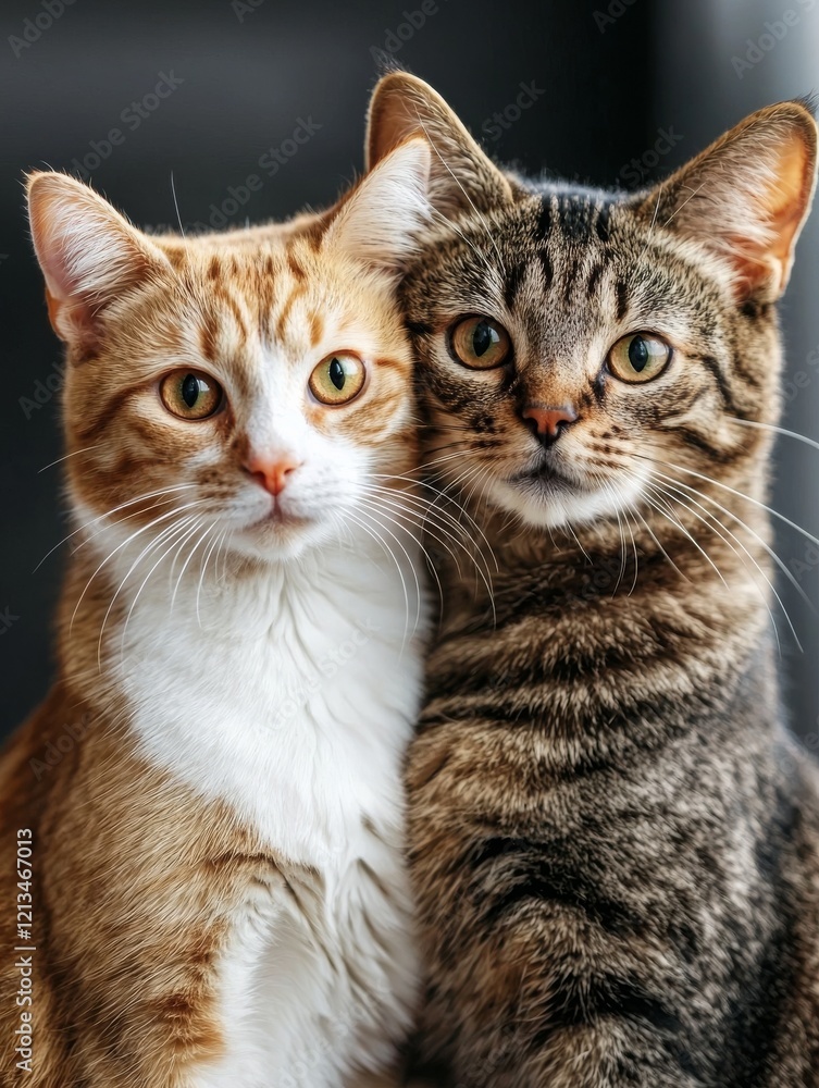 Two adorable cats, one orange and white, the other gray tabby, pose closely together, showcasing their unique features and expressive eyes. Two adorable cats, one orange and white, the other gray tabby, pose closely together, showcasing their unique features and expressive eyes.