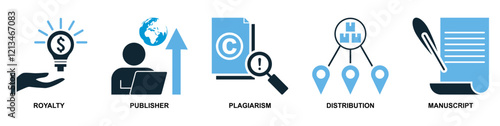 Collection of intellect property icons in vector format showcasing symbols like brain, light bulb, gears and patents. Ideal for education, innovation and intellectual themes.	