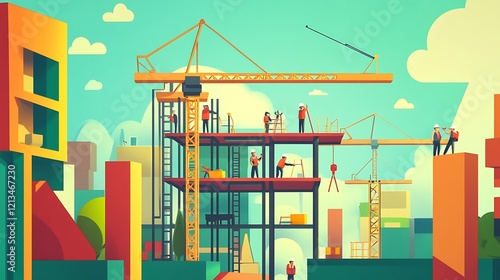 Construction Workers Building Modern Skyscraper Structure