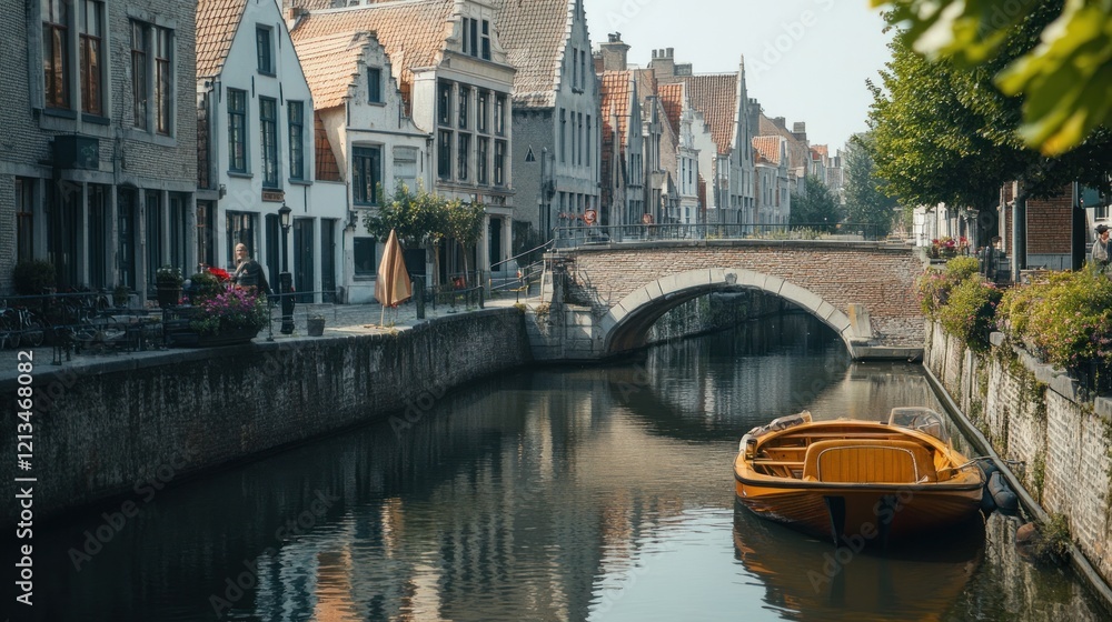 Fototapeta premium Charming Bruges Canal Scene: Picturesque Rowboat Docked Under a Brick Bridge, Medieval Buildings Reflecting on Calm Water
