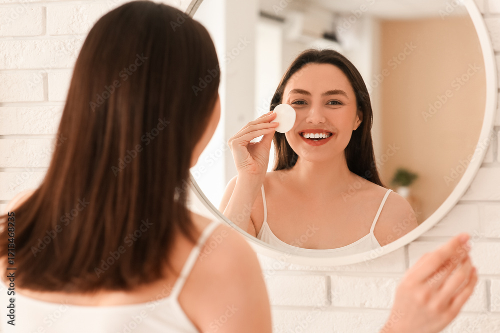 Beautiful young woman with cotton pad removing makeup near mirror in bathroom Beautiful young woman with cotton pad removing makeup near mirror in bathroom