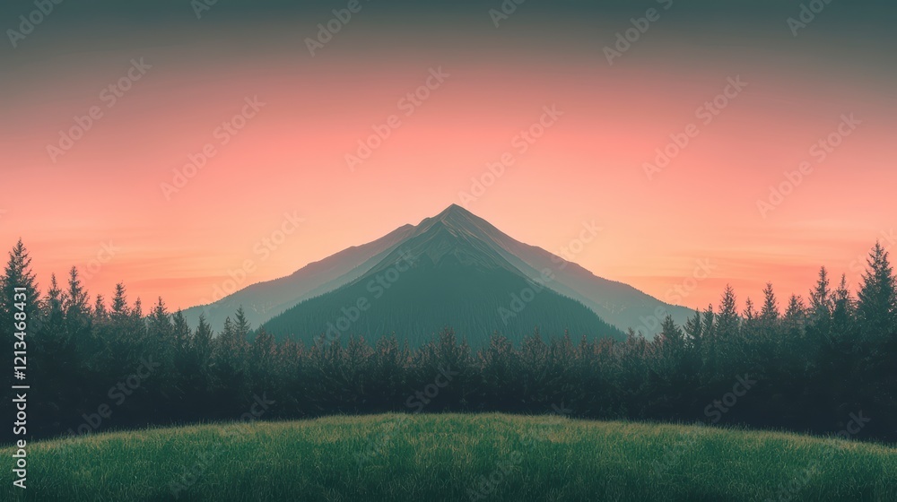 Obraz premium Serene Sunset Mountain Landscape Peak Forest Meadow