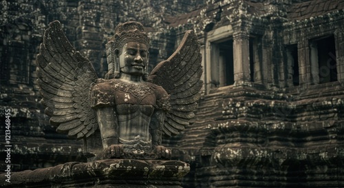 Winged Guardian: Angkor Wat's Stone Deity in Somber Hues