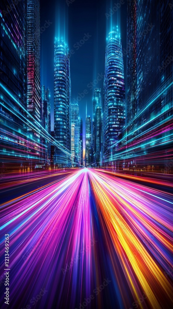 Fototapeta premium A vibrant cityscape at night, featuring illuminated skyscrapers and dynamic light trails, conveying a sense of speed and modernity.