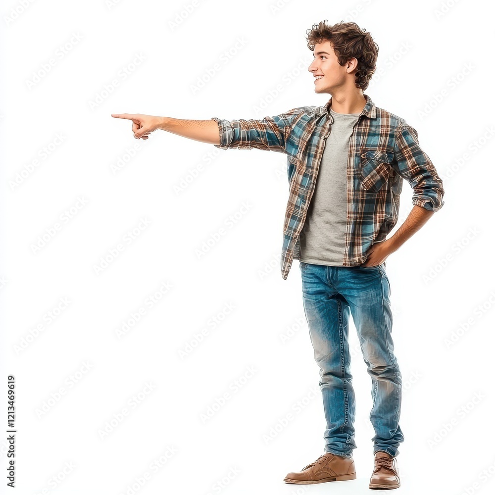 Young Man in Casual Clothing Pointing to the Right with a Smile Young Man in Casual Clothing Pointing to the Right with a Smile