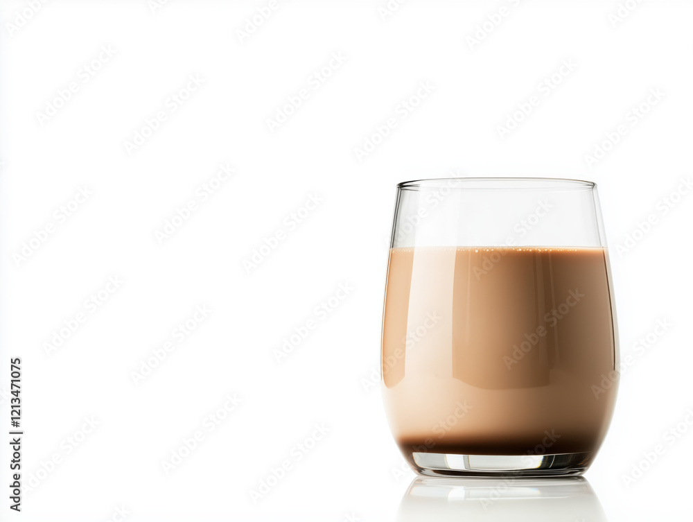 A Glass of Creamy Chocolate Milk on a White Background with a Soft Reflection Highlighting Its Rich Texture A Glass of Creamy Chocolate Milk on a White Background with a Soft Reflection Highlighting Its Rich Texture