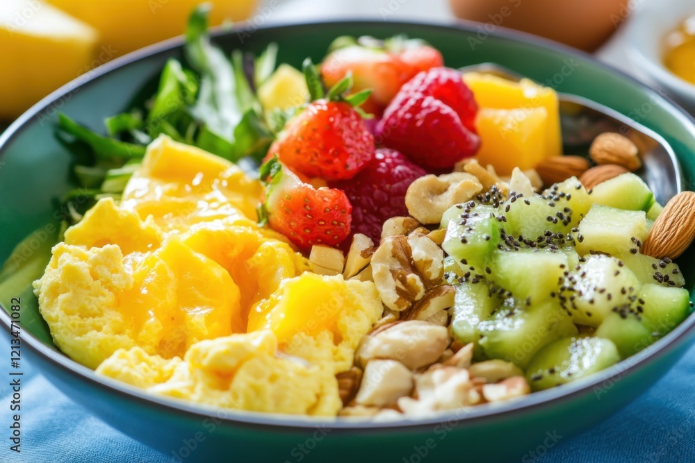 A vibrant visual of a paleo breakfast, featuring fruit salad, nuts A vibrant visual of a paleo breakfast, featuring fruit salad, nuts