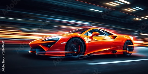 Creative light art Dynamic motion, blurred lines, action poses, artistic lighting, abstract patterns, sleek orange sports car, vibrant body, aerodynamic design, sharp lines photo