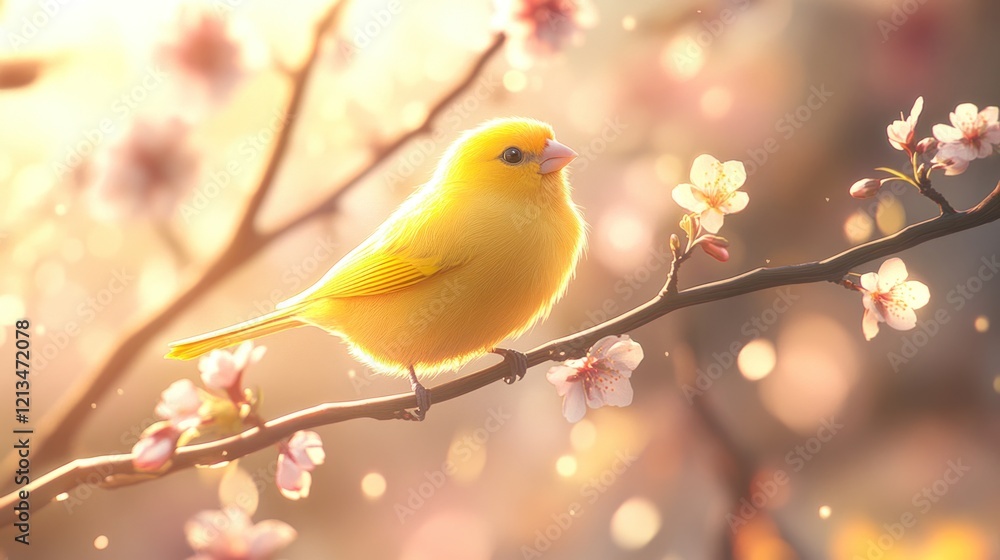 Golden Canary in Spring Blossoms: A Serene Sunrise Scene Golden Canary in Spring Blossoms: A Serene Sunrise Scene