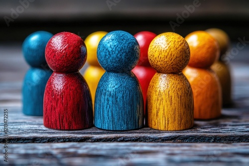 Togetherness & Diversity: Colorful wooden figurines in a circle, representing unity, inclusion, and the strength of a collective community.   photo