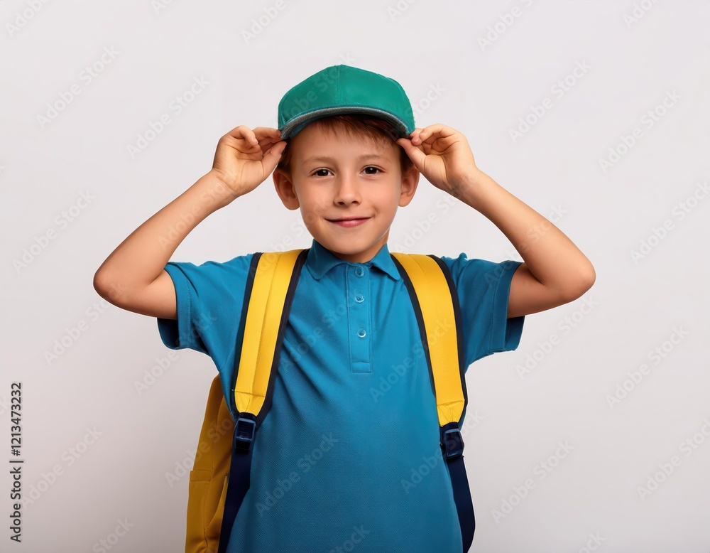 Happy boy in blue polo shirt adjusting green cap on white background Happy boy in blue polo shirt adjusting green cap on white background