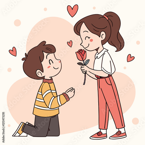 Valentine day girl and boy have a rose in hand