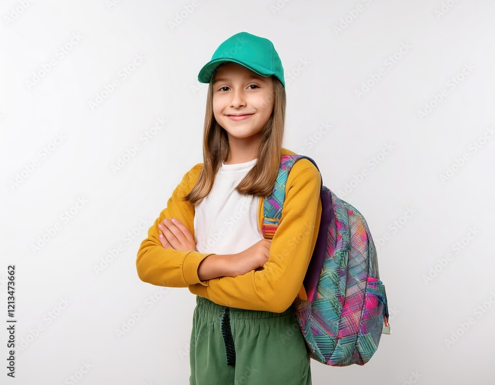 Smiling schoolgirl with backpack standing confidently on white background Smiling schoolgirl with backpack standing confidently on white background
