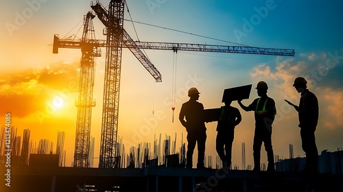 Wallpaper Mural Construction Workers Silhouetted Against Sunset Crane Torontodigital.ca