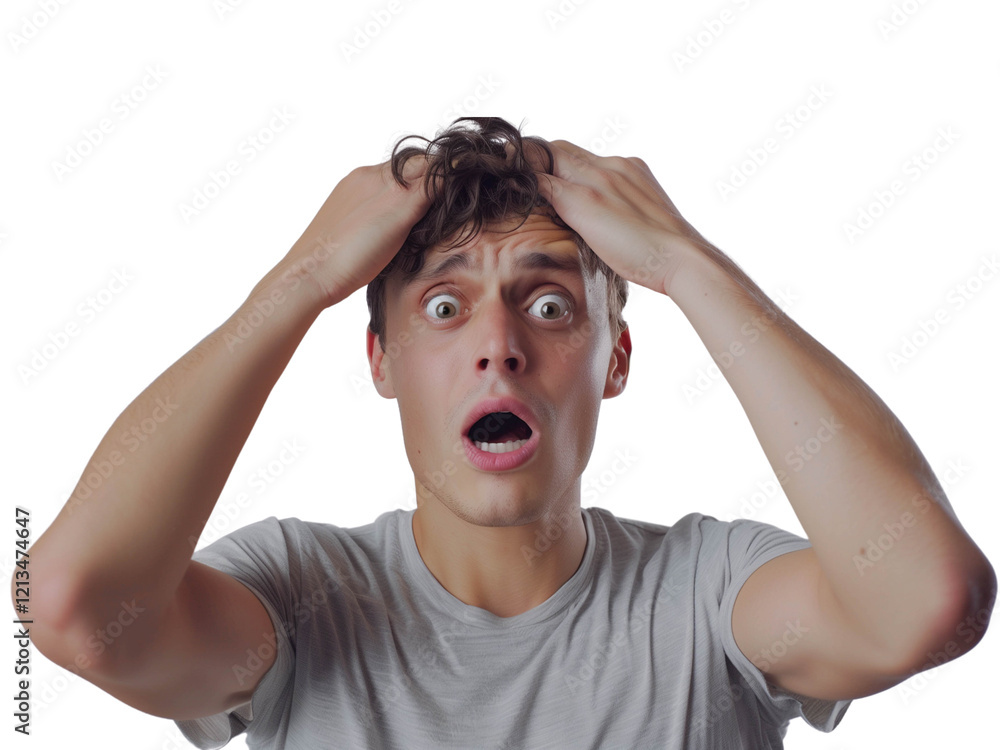 Shocked young man in gray t-shirt grabbing his head with mouth open on transparent background Shocked young man in gray t-shirt grabbing his head with mouth open on transparent background