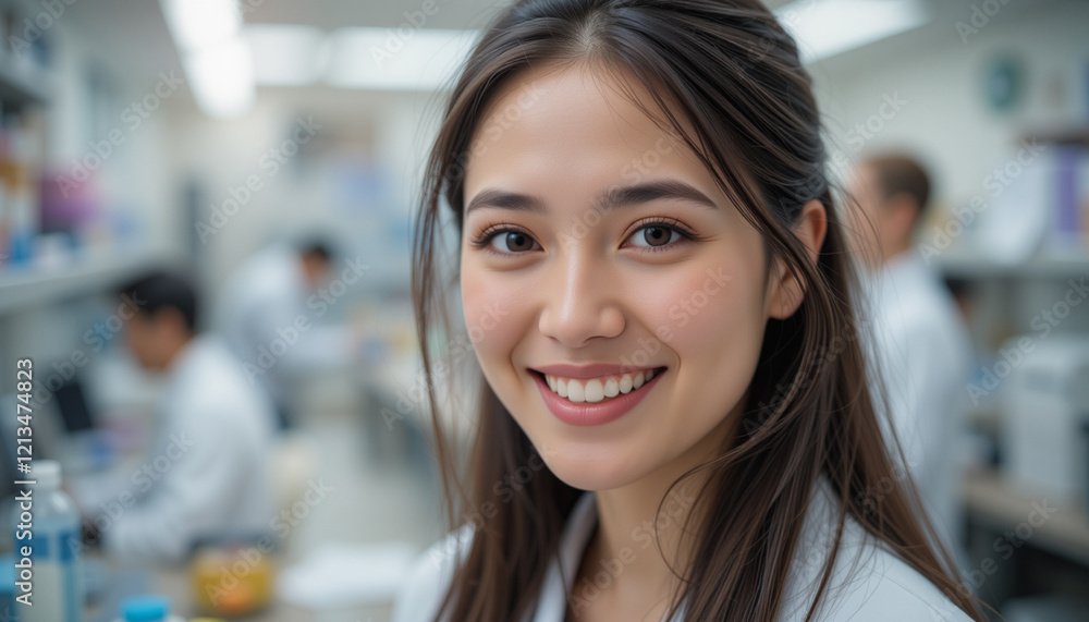 Smiling scientist working in a modern research laboratory, focused on scientific discovery. Smiling scientist working in a modern research laboratory, focused on scientific discovery.