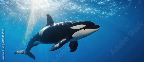 Majestic orca swimming gracefully in crystal clear ocean waters underwater photography marine environment serene viewpoint photo