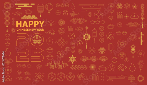 Happy New Year 2025 logo text design in Chinese style with line art vector. Snake zodiac sign, symbol of 2025. 

