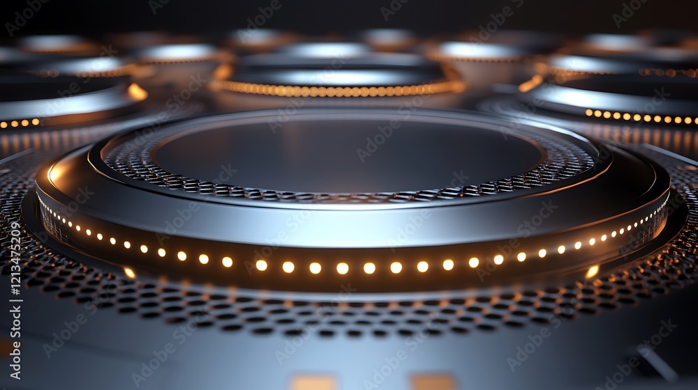 Futuristic abstract background of high-tech digital technology with glowing metallic plates and particles Futuristic abstract background of high-tech digital technology with glowing metallic plates and particles
