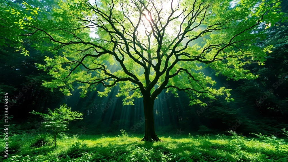 Obraz premium Bright sunlight filters through the vibrant green leaves of a majestic tree in a serene forest, creating a tranquil and inspiring natural scene.
