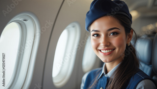 Flight attendant smiling in uniform, providing excellent service on an airplane. photo