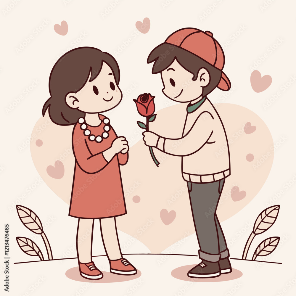 Valentine day girl and boy have a rose in hand Valentine day girl and boy have a rose in hand