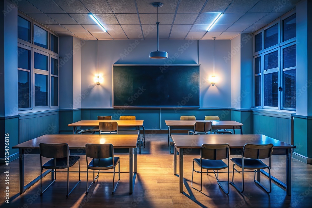 Fototapeta premium A silent classroom at night. A study in darkness, illuminated by an artwork. Photography captures the moment.