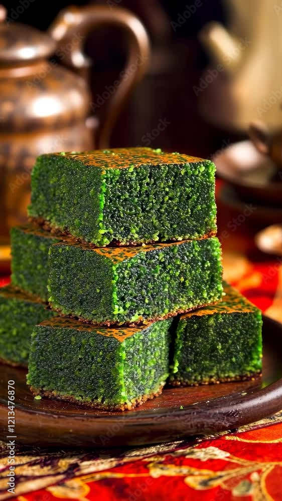 Unique green dessert squares displayed on a traditional plate with a warm ambiance during a cultural celebration Unique green dessert squares displayed on a traditional plate with a warm ambiance during a cultural celebration