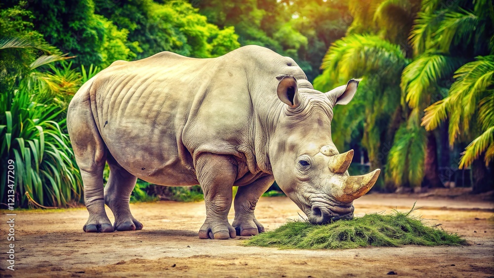 Fototapeta premium A white rhino at the Miami Safari Zoo, vintage image.
