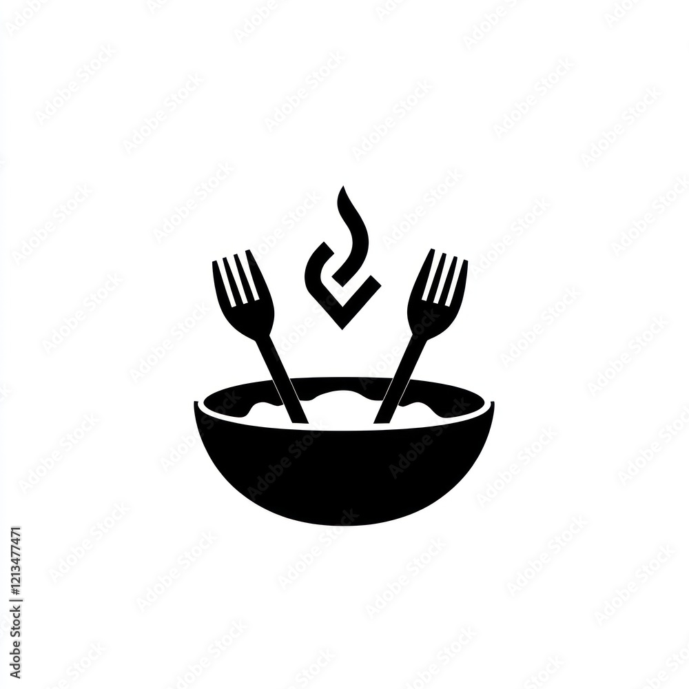 Food logo, steaming bowl, two forks, restaurant icon, use in menu or website Food logo, steaming bowl, two forks, restaurant icon, use in menu or website