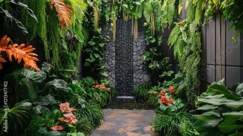 Wallpaper Mural Serene Tropical Garden Oasis: Waterfall, Lush Greenery, and Tranquil Pathway Torontodigital.ca