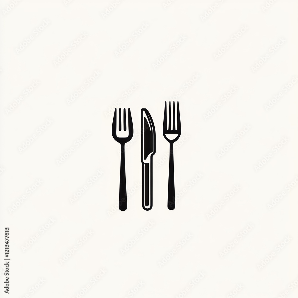Two forks and a knife are centered on a flat surface, useful for culinary themes Two forks and a knife are centered on a flat surface, useful for culinary themes