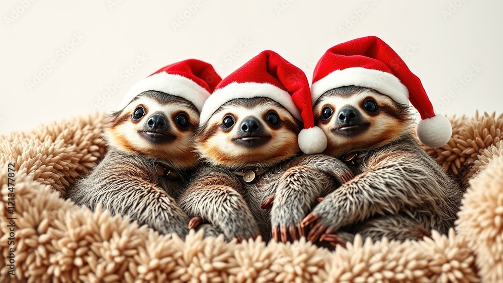 Adorable Sloths in Santa Hats - Cozy Holiday Couch Adorable Sloths in Santa Hats - Cozy Holiday Couch