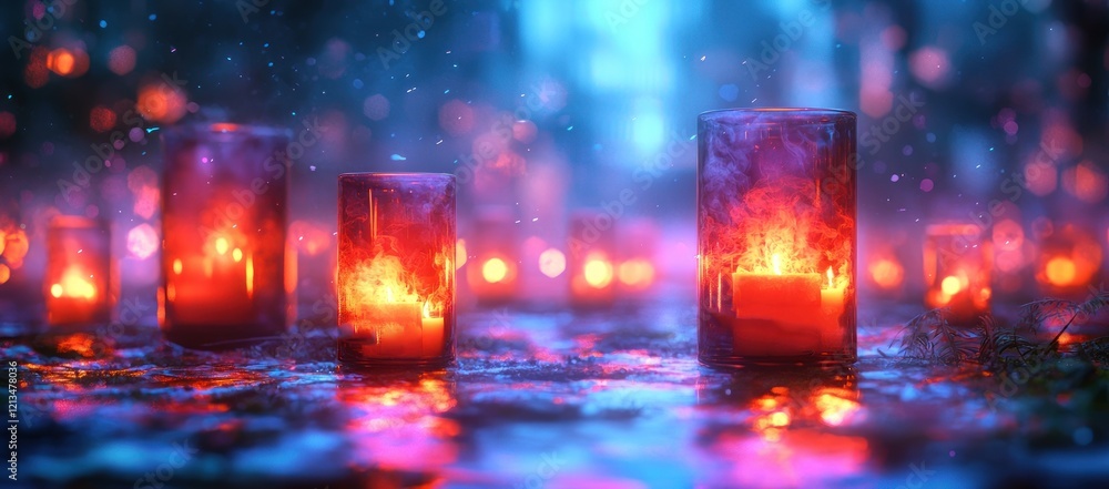 Glowing candles in glass holders on wet ground at night, surrounded by bokeh lights. Glowing candles in glass holders on wet ground at night, surrounded by bokeh lights.