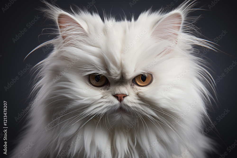 A fluffy white Persian cat with a comically surprised expression, mouth slightly open, and wide eyes