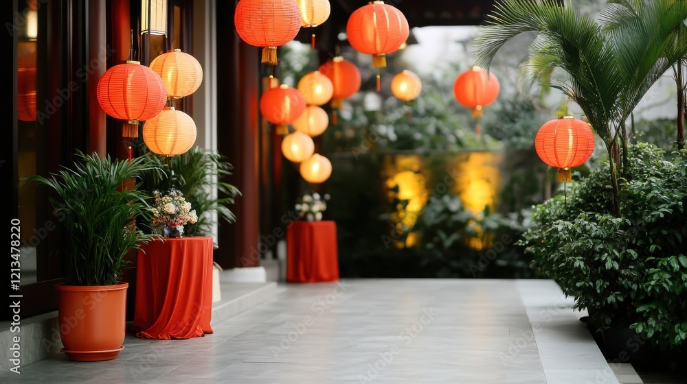 Fototapeta premium Vibrant Asian Lanterns Decorate a Serene Outdoor Space with Lush Greenery and Elegant Arrangements