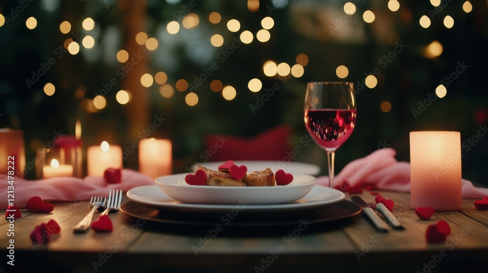 Romantic Dinner Setting with Candlelight, Heart-Shaped Decorations, and Soft Bokeh Background for Couples Romantic Dinner Setting with Candlelight, Heart-Shaped Decorations, and Soft Bokeh Background for Couples