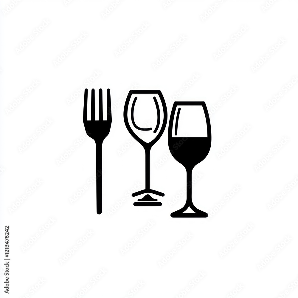 Fototapeta premium Fork with wine glasses, illustration, simple line art, white background, for restaurant menus