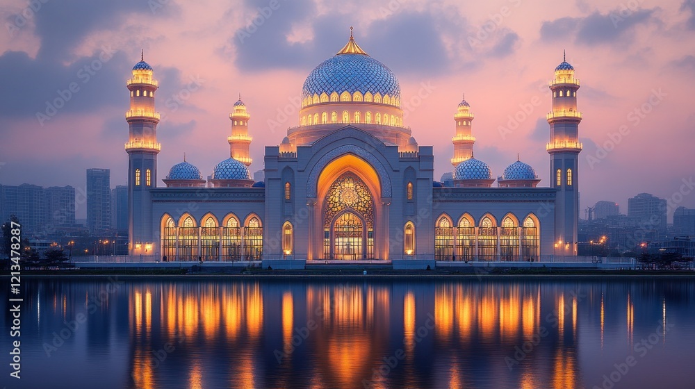 Obraz premium Illuminated Mosque Dusk Cityscape Reflection Travel