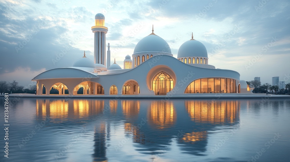 Naklejka premium Illuminated Mosque Reflecting in Calm Water at Dusk