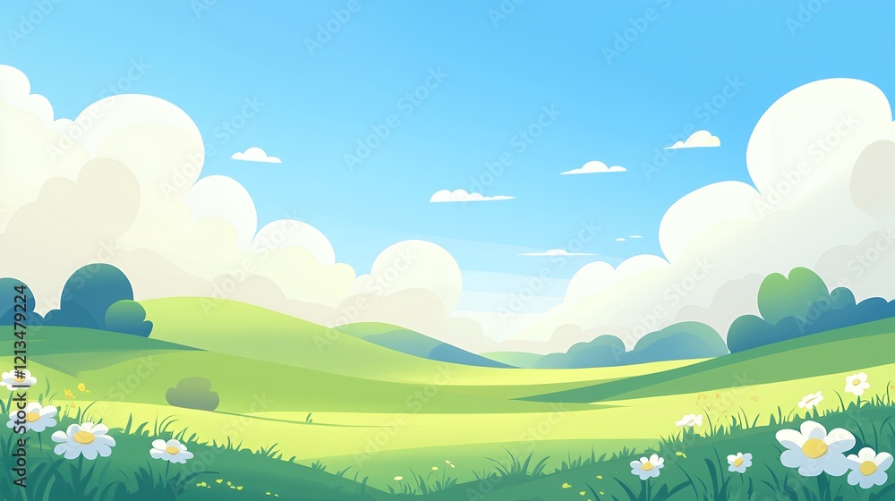 Fototapeta premium Serene Summer Meadow Landscape: Rolling Hills, Blue Sky, and Daisies