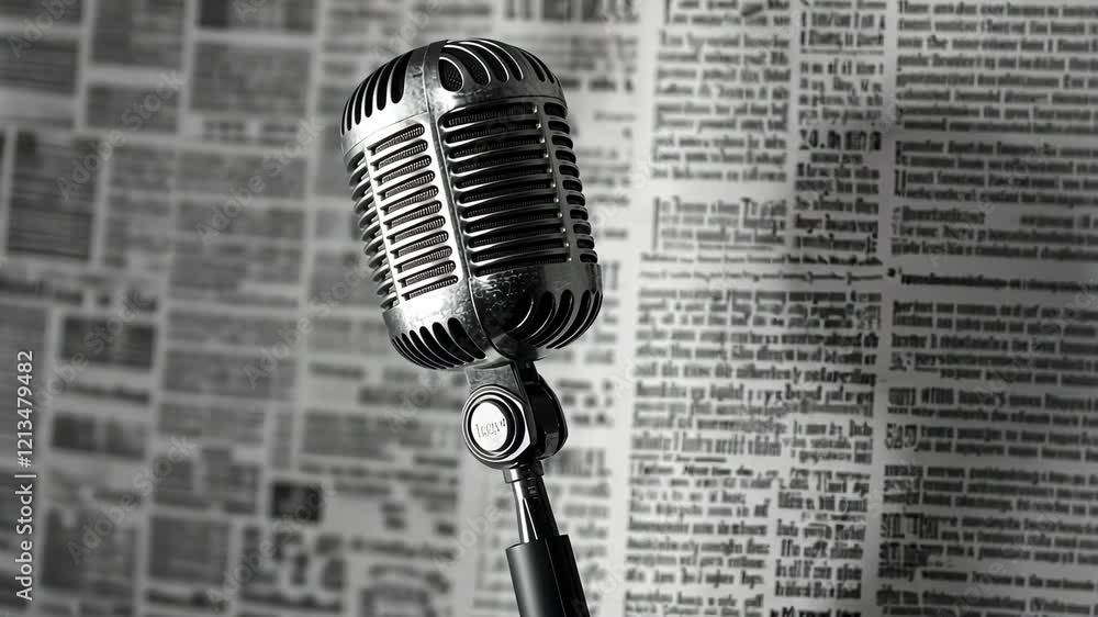 Vintage microphone stands against a backdrop of old newspaper clippings in a cozy studio setting during evening hours