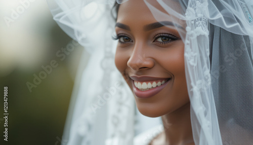 Smiling African American bride enjoying her wedding day in a joyful and radiant moment photo