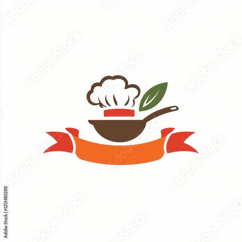 Restaurant logo, chef's hat, wok, ribbon, food service, use for menu, website, ad, branding photo