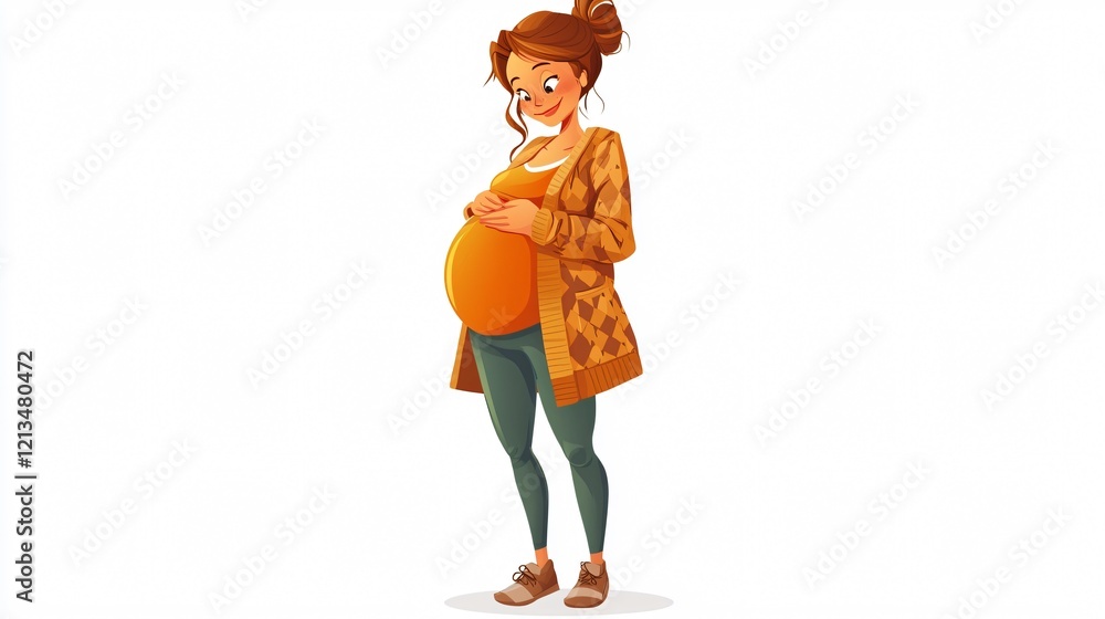 Vector cartoon of happy pregnant woman holding belly in joy Vector cartoon of happy pregnant woman holding belly in joy