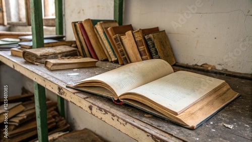 An empty, open book lies on a cluttered, old shelf with other discarded books, literature, pages, neglected
