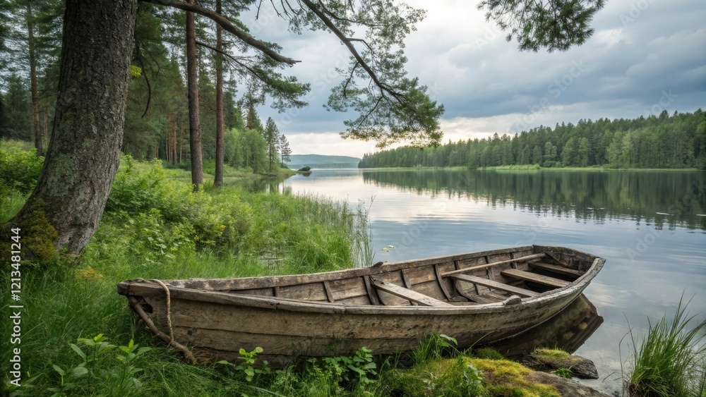 An old wooden boat resting on a tranquil lake surrounded by lush greenery and towering trees, rustic charm, serene lake An old wooden boat resting on a tranquil lake surrounded by lush greenery and towering trees, rustic charm, serene lake