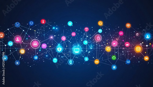 Colorful Digital Network Icons on Dark Background