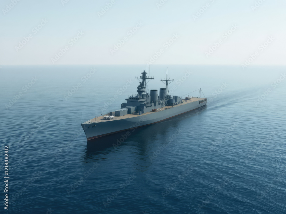 Obraz premium Battleship at rest in calm open sea without sailors, serenity, calm waters